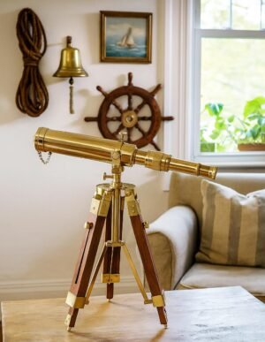 Vintage Decorative Telescope with Wooden Stand Polished Brass Finish